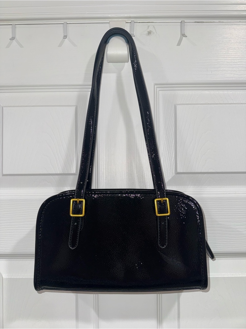 Black Patent Leather Shoulder Bag with Gold Hardware